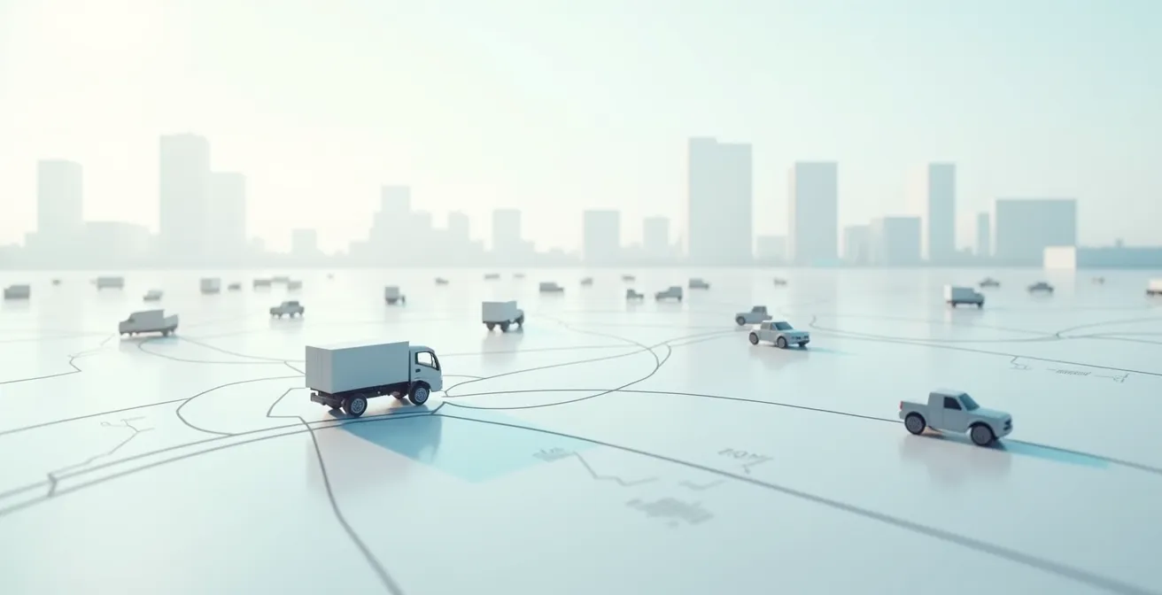 Wide landscape scene depicting business intelligence: birds-eye view of interconnected routes, vehicles, and data streams representing fleet performance insights