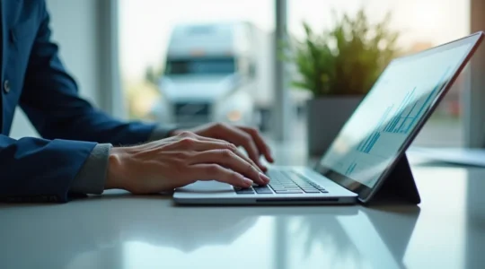 Professional fleet manager monitoring real-time vehicle tracking dashboard with GPS map and operational metrics displayed on modern workspace