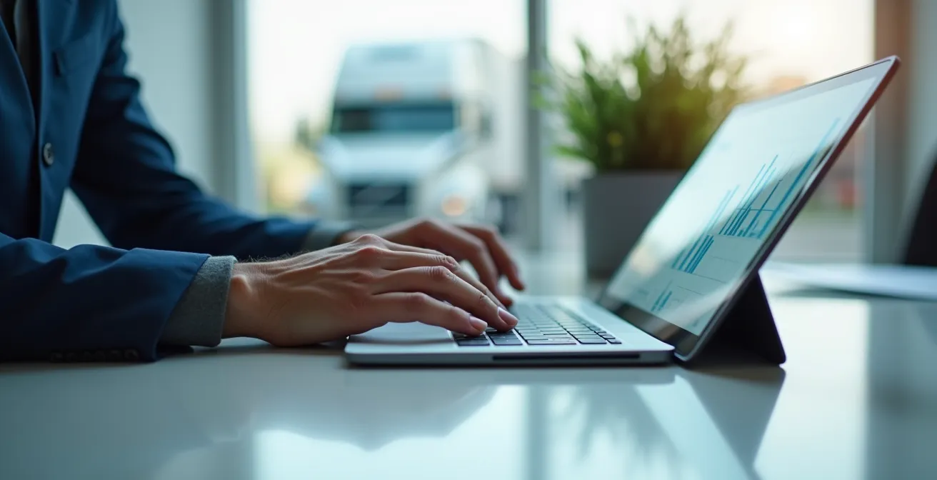 Professional fleet manager monitoring real-time vehicle tracking dashboard with GPS map and operational metrics displayed on modern workspace